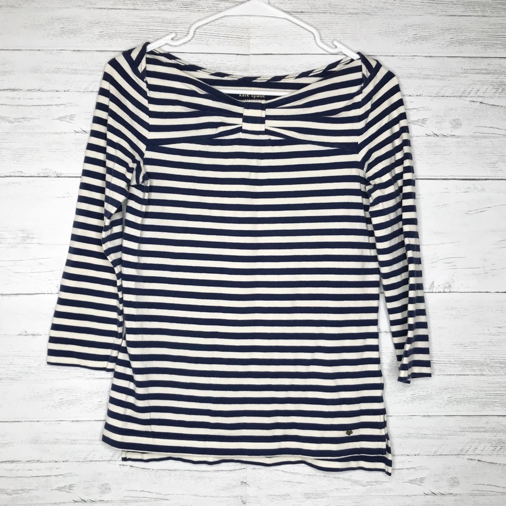 Kate Spade Blue White Stripe Bow Long Sleeve Top